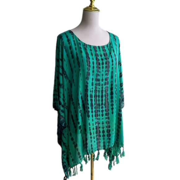 0072/ Teal Black Multicolor Poncho with fringed, Tie Dye Poncho - Picture 5 of 8